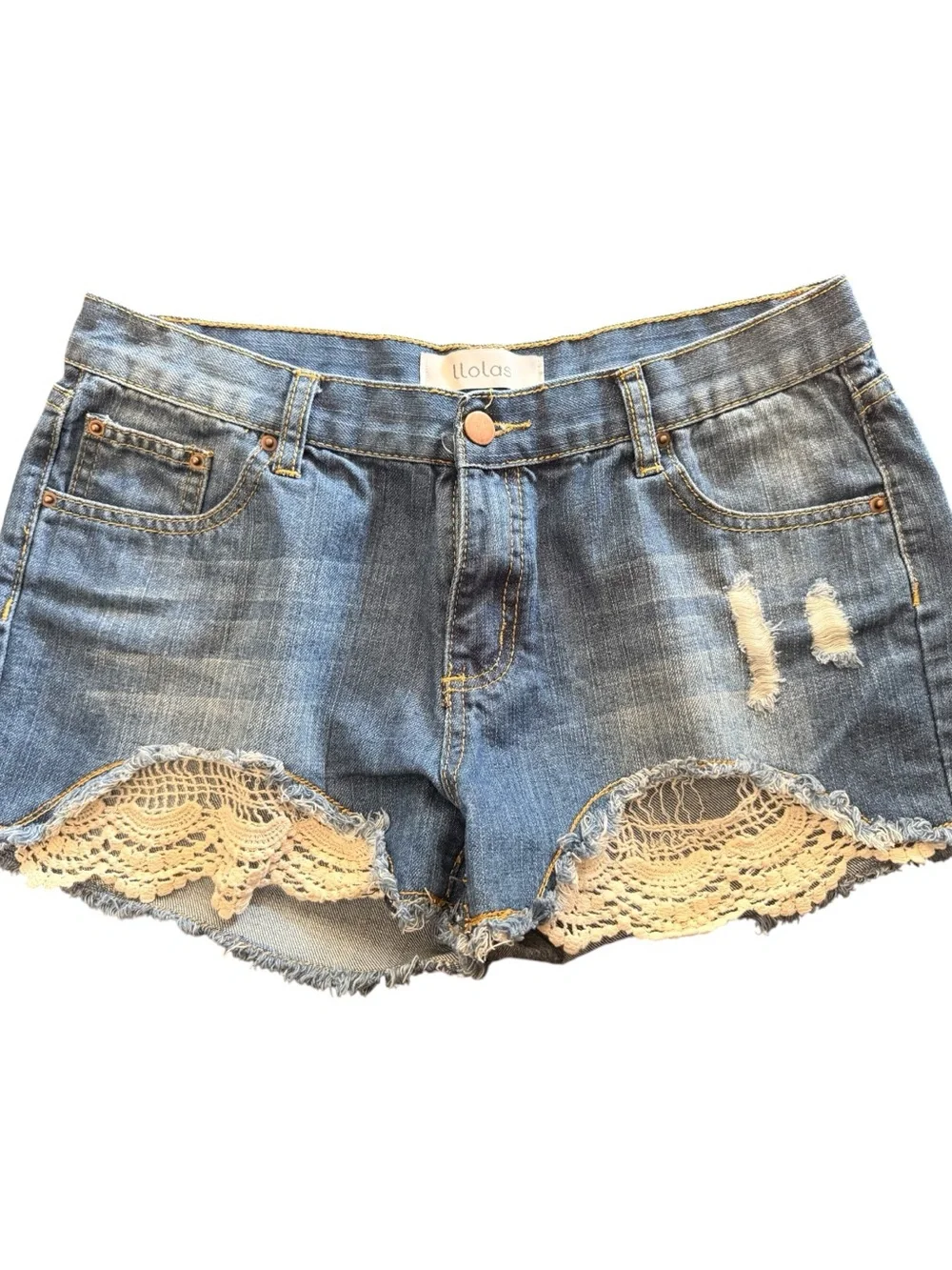 Women's Gray-Blue Denim Shorts with Lace Trim